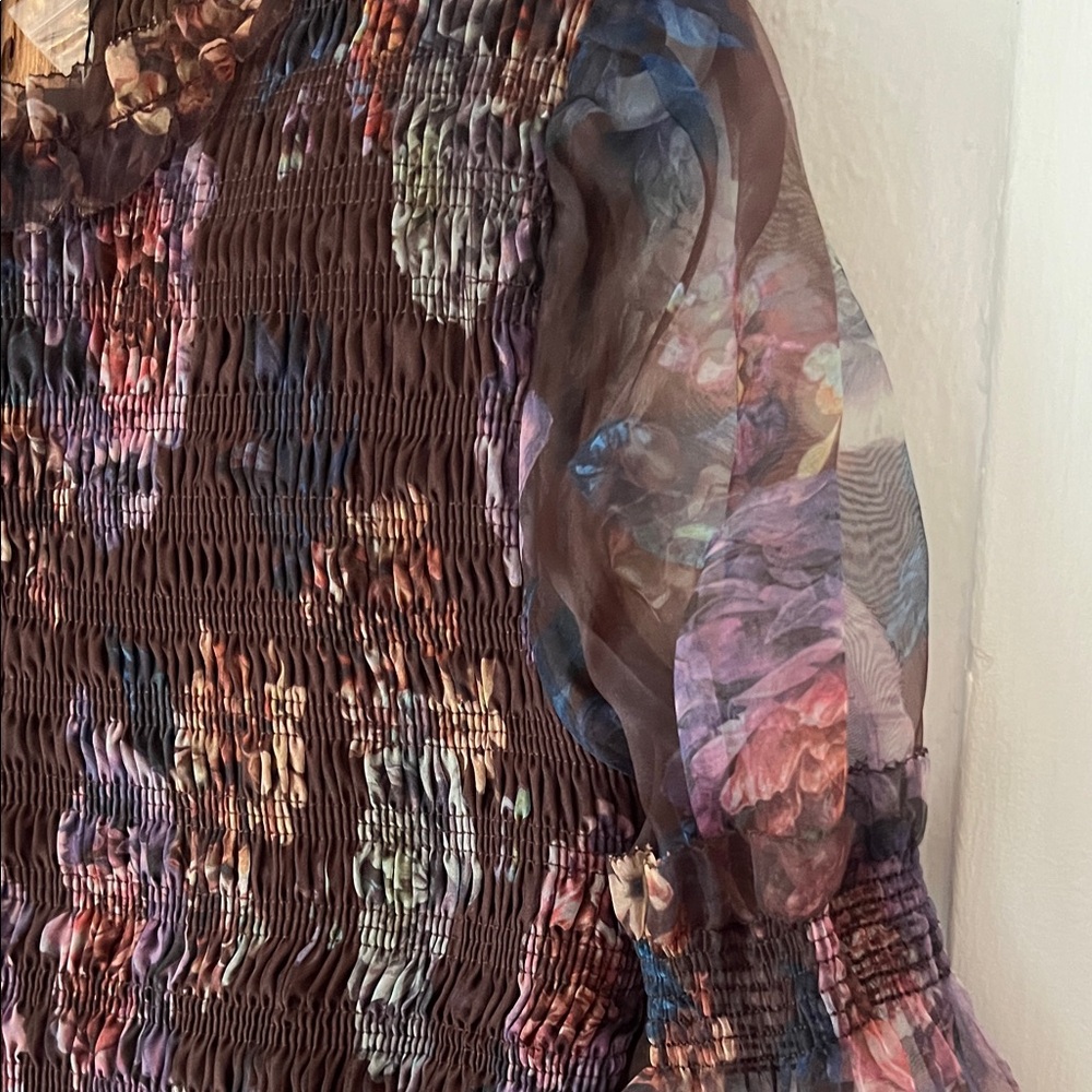 Fate Dark Brown Floral Smocked Sheer Peplum Blouse - Chocolate, Purple XL NWT - Picture 6 of 10
